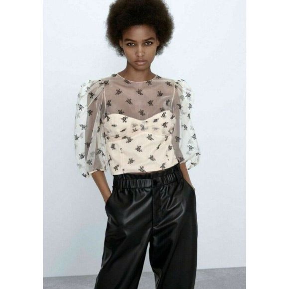 NWOT ZARA Sheer Organza Velvet Floral Puff Sleeve Bustier Crop Top Blouse Size S - Picture 12 of 13